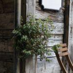 Treplanker på vegg og platting med utemøbler i treverk